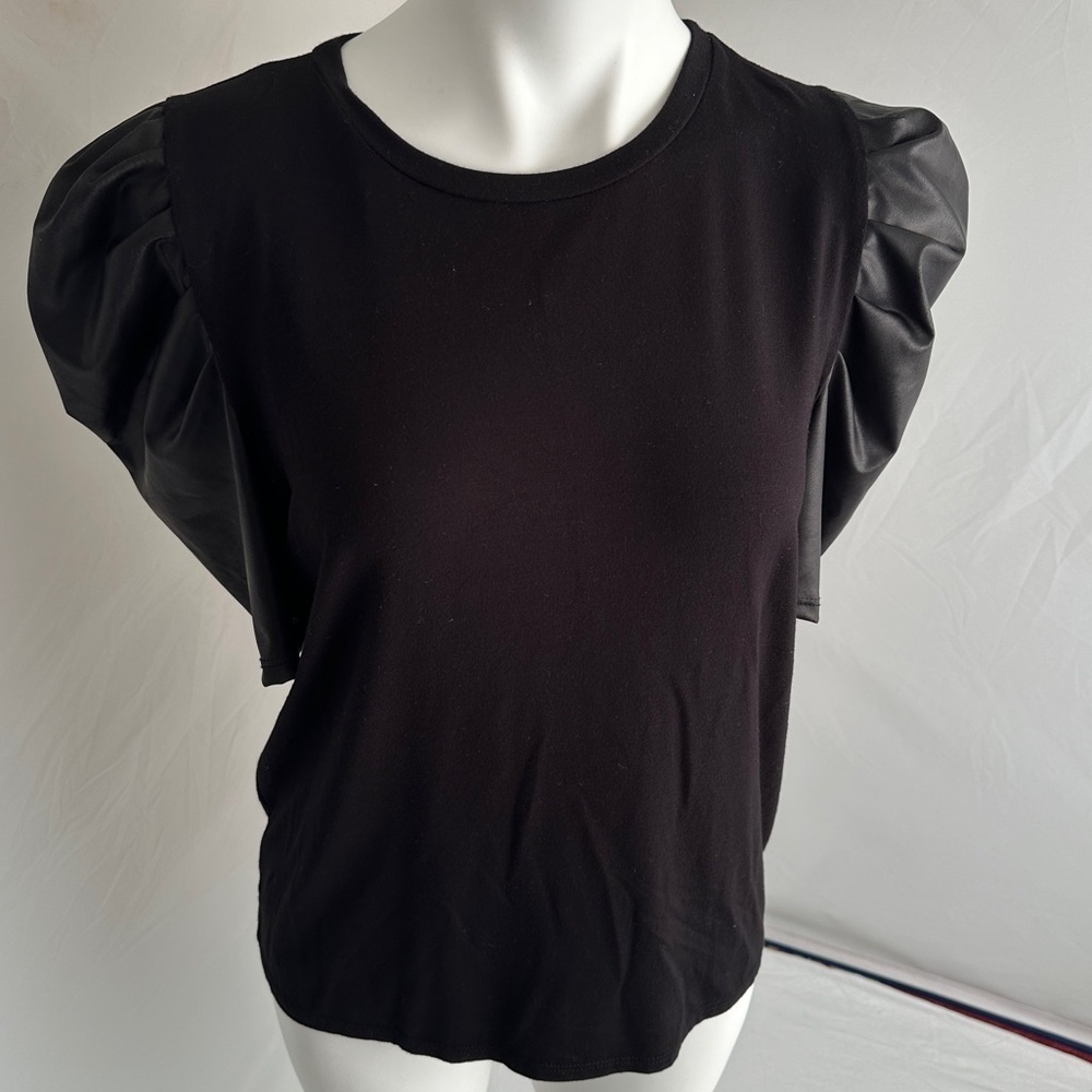 Ariella black top with gathered vegan leather sleeves